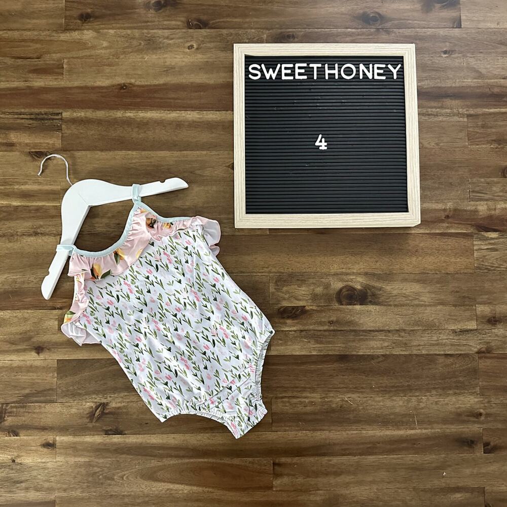 NNWT SweetHoney Mary One Piece Swimsuit Savannah Floral Ruffle White Pink 4T